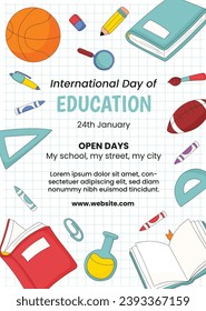 International Day of Education background. Happy International Education day celebration. January 24. Cartoon Vector illustration Template for Poster, Banner, Flyer, Greeting, Card, Post, Cover.