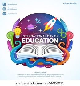 International Day Of Education background with an open book and ornaments