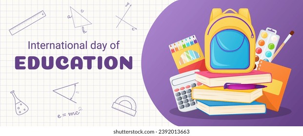 International day of education banner with school supplies. Back to school illustration.	