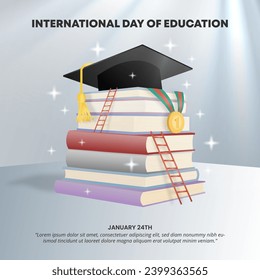 International Day of Education with books and graduation toga hat