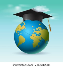 International Day of Education concept. World or earth globe with graduation cap on it and clouds surround. Vector illustration