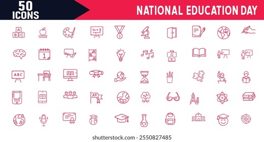 International Day of Education Editable Stroke Icons Set, Vector Graphic for National Education Day Celebration, Perfect for Web, Posters, and Vector Illustrations