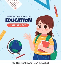 International day of education illustration, girl, student holding a book, backpack, globe, ruler, paper, pencil, cute flat hand drawn style