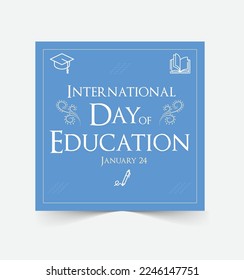 International day of Education on 24th January greeting banner. Stack of books  graduation hat on top as symbol of studying and knowledge, background at dark blue and text at white.