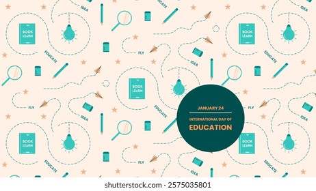 International Day of Education pattern design with books, light bulbs, and more. Pattern design for wrapping paper, card, banner, etc.