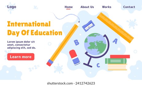 International Day of Education poster. Landing page design. Pencil near eraser and globe, yellow ruler. Training and learning. Knowledge and wisdom. Cartoon flat vector illustration