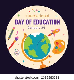 International Day of Education sticker. Happy International Education day celebration. January 24. Cartoon Vector illustration Template for sticker, Card, post.