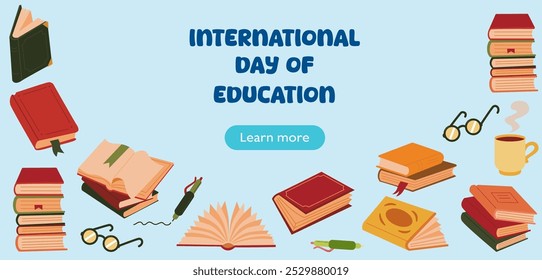 International day of education. Vector banner template. Set of books education symbols.