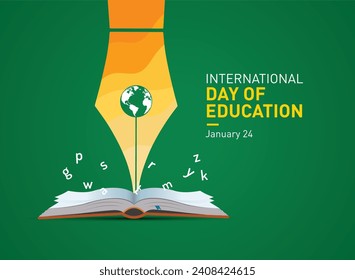 International day of education vector illustration. Pencil open book with alphabet letters and earth. Children education background or learning event concept.