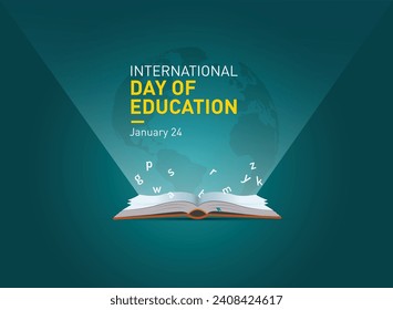 International day of education vector illustration. Pencil open book with alphabet letters and earth. Children education background or learning event concept.