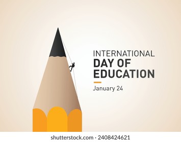 International day of education vector illustration. Pencil open book with alphabet letters and earth. Children education background or learning event concept.