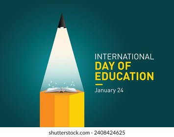 International day of education vector illustration. Pencil open book with alphabet letters and earth. Children education background or learning event concept.