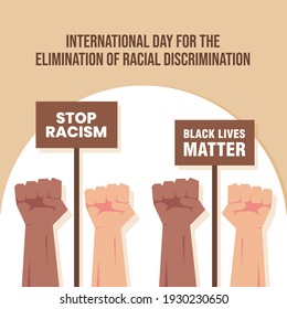 International day for elimination of racial discrimination. Illustration of black and white fists. raised hands symbol of protest or demonstration.