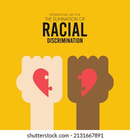 International day for the elimination of racial discrimination. March 21. Black and white hands icon with the symbols of the heart puzzle complement each other. Poster or banner.