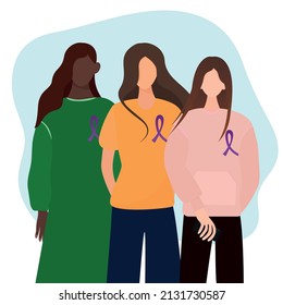 International Day for the Elimination of Violence or Abuse against Women. Vector illustration of a multiracial group of women with purple ribbons on their chests