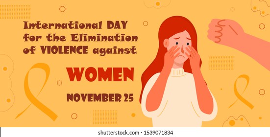 International Day for the Elimination of Violence against Women. Victim scene in society, family. Stressed person in shame. Cartoon concept vector of accusation in life, depression in work, in school.