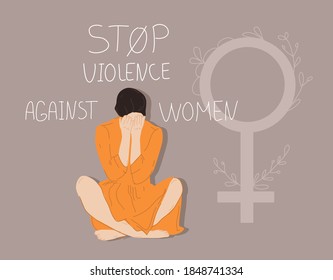 International Day for the Elimination of Violence against Women.A young unhappy girl sits and covers her face with her hands. Vector illustration in flat cartoon style.