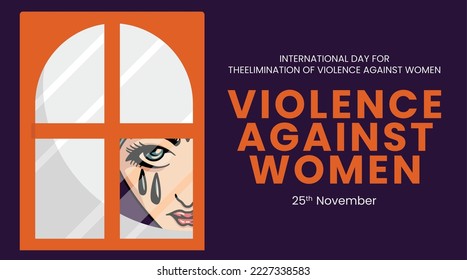 International Day for the Elimination of Violence Against Women. Woman with tears crying behind the window