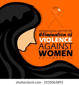 International Day for the Elimination of Violence Against Women to commemorate on November 25th. Illustration of a woman with an orange campaign ribbon on an orange background.