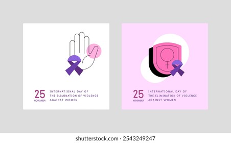 Dia Internacional da Eliminação da Violência contra as Mulheres. Cartões quadrados, ilustração plana. Arquivo vetorial.