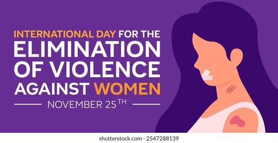 International Day for the Elimination of Violence against Women. Long-haired woman with bruises and scars. Vector illustration with text, flowers and ribbon.