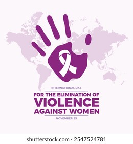 Ilustración vectorial de carteles del Día Internacional de la Eliminación de la Violencia contra la Mujer. Hembra púrpura impresión de la mano y icono de cinta de conciencia blanca. Plantilla para el fondo, Anuncio, tarjeta. 25 de noviembre.