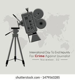 International Day to End Impunity for Crime Against Journalist with The camcorder falls from a tripod and world map 