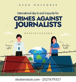 International day to End Impunity for Crimes Against Journalists. 2nd November day to end crimes against journalists awareness banner with two journalist characters holding mic, earth globe, barbed.