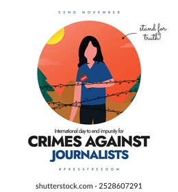 International day to end impunity for crimes against journalists. 2nd November awareness banner to raise voice for crimes against journalists with female reporter holding mic behind barbed wires.