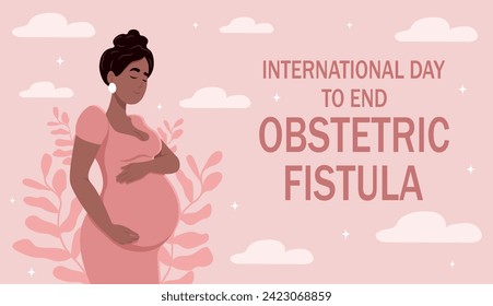 International Day to End Obstetric Fistula. Beautiful pregnant black woman hugs her belly. The concept of pregnancy and motherhood.