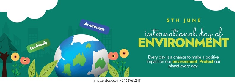 International day of Environment. 5th June Environment Day social media cover with big earth globe surrounded by flowers, leaf's, trees and speech bubbles in green background. Environment care day