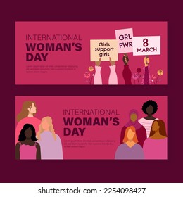 Día Internacional de la Mujer. Día de la igualdad de la mujer. Ilustración vectorial de mujeres de diversas edades, razas y ocupación.