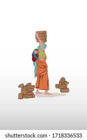 International Day of Families, family, Mother's Day, Labour Mother, Concept labour mother carrying bricks on head and baby on back,International Women's Day, Indian Women, 