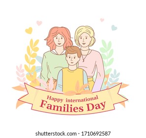 International day of Families with flower wreath. Two moms and son. Card for International Family Day cartoon style. Family portrait, happy people. Vector illustration