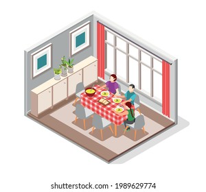 International day of families isometric composition with mother father and daughter having diner at home vector illustration
