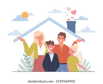 International day of families. Mother, dad with daughter and son. Happy parents and children at house. Good relationship, love, care and support. Greeting card design. Cartoon flat vector illustration