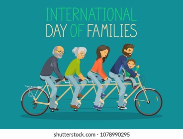International Day of Families. Mother, father, grandmother, grandfather and child riding tandem on teal background. Hand written lettering. Vector illustration.