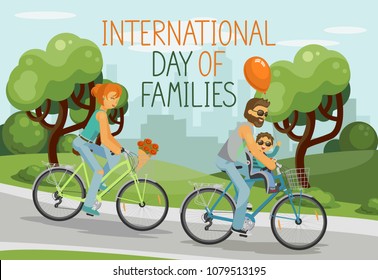 International day of families. Parents with child riding tandem outdoor in the city park. Happy family concept. Hand written text. Vector illustration.