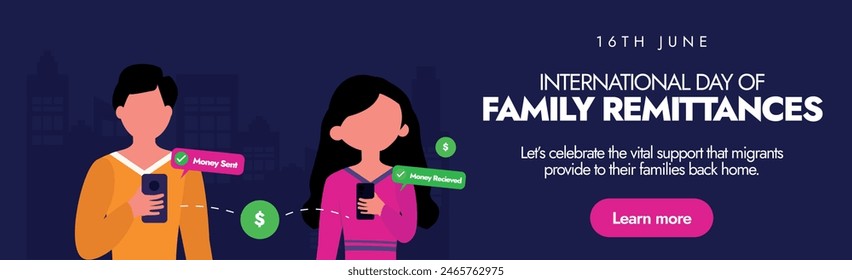 International day of Family remittances. 16th June International day of family remittances cover banner, post with boy sending money online to a girl. The day praise people who support their families