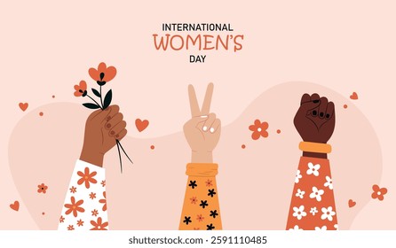 International Women’s Day. Featuring three raised hands symbolizing unity, empowerment, and diversity. Feminism. Strength and solidarity of women. Vector flat illustration. 8 march gorizontal banner.