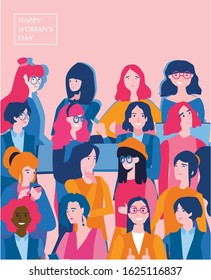 International women´s day , Female diverse faces of different ethnicity poster. Vector illustration for web banner, infographics, mobile. Women empowerment movement pattern. 