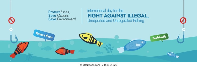 International Day for the Fight Against Illegal, Unreported and Unregulated Fishing Vector Illustration cover banner. Fishes gather near the hook. Under the sea view different colourful fishes.