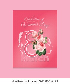 International Women’s Day flyer and poster. Pink theme with roses. Symbolic of women.