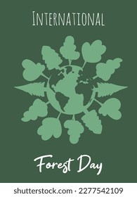 International day of Forest, March 21. Holiday concept, go green campaign. Vector illustration of Earth and trees for card, banner, flyer, web design, poster.
