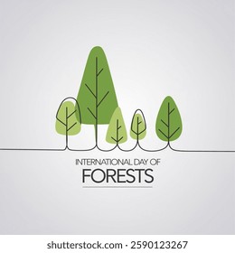 International Day of Forest vector background, banner, poster. Minimal one continuous line drawing of green trees. Forest day lettering.vector illustration 