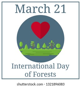 International Day of Forests. March 21. March Holiday Calendar. Forest, Park, Alley with Different Trees. Flat Style. Panorama. Vector illustration isolated on white background.