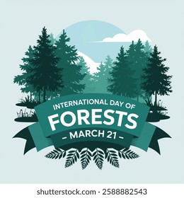 International Day of Forests. March 21. Holiday concept. Template for background, banner, card, poster with text inscription. Vector illustration on white background