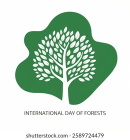 International Day of Forests. Vector illustration greeting card with tree. Flat style design with white trees on green isolated on white background.
