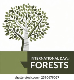 International Day of Forests. Vector illustration greeting card with tree. Flat style design with white trees on green isolated on white background.