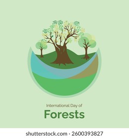 International Day of Forests vector, illustration. March 21. Trees, grass, soil and river design concept.